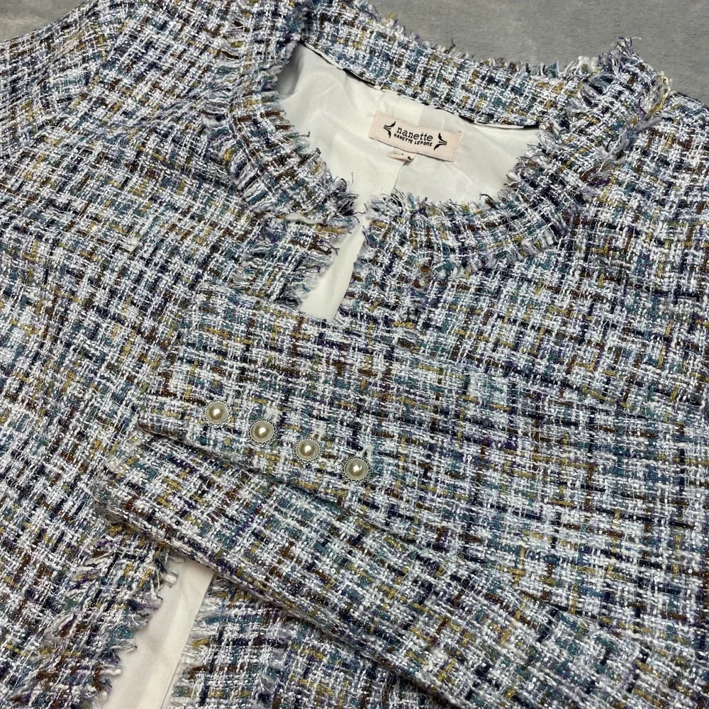 Nanette Lepore Nora‎ Boucle Jacket Womens L Blue Metallic Tweed Pearl Buttons - Picture 2 of 11